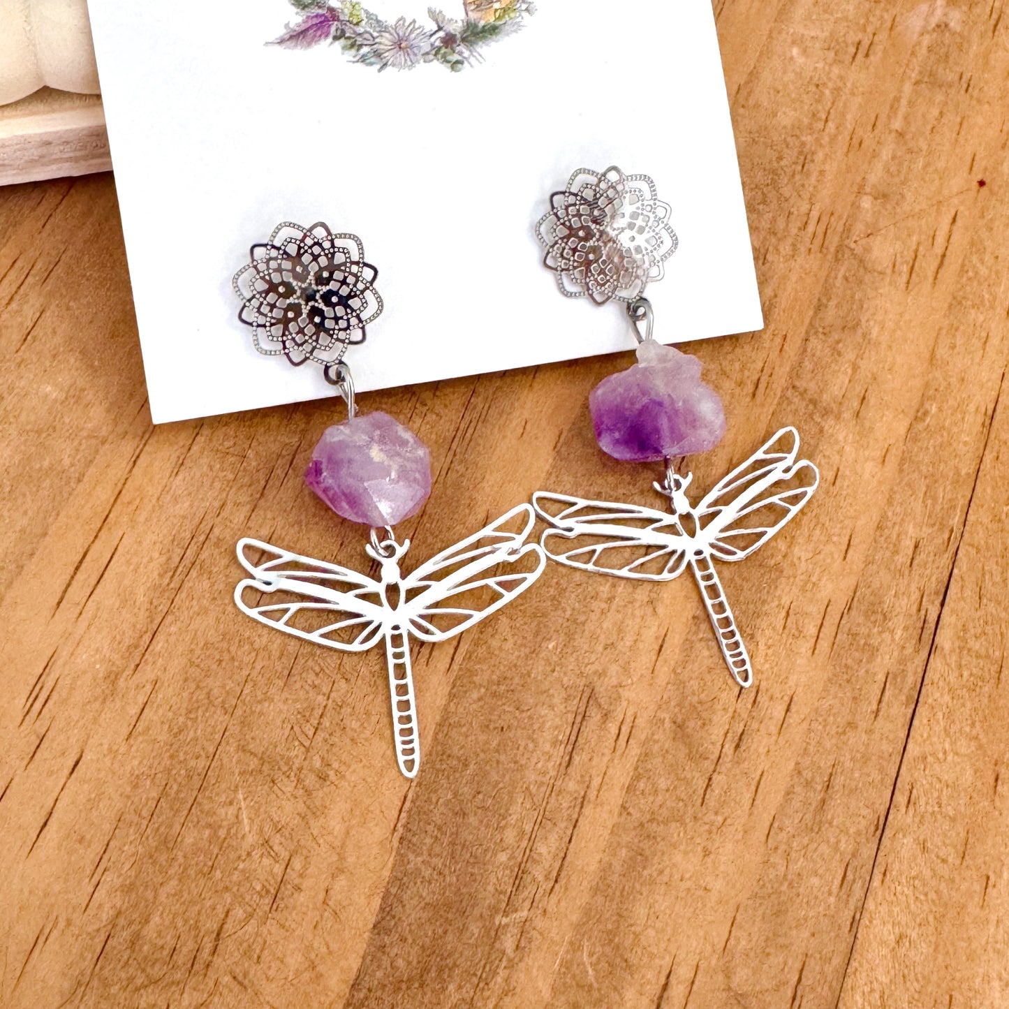 Éphémères - Boucles d’oreilles libellule améthyste