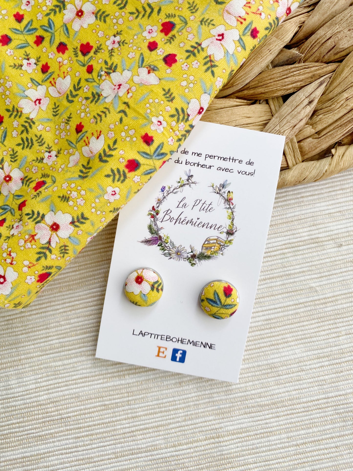 Puces d’oreilles en tissus - Jaune fleuris