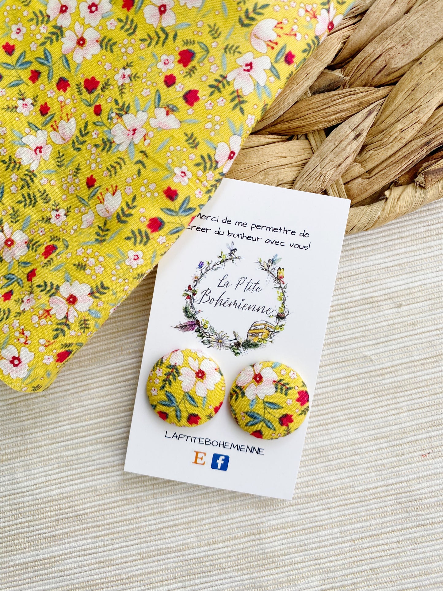 Puces d’oreilles en tissus - Jaune fleuris