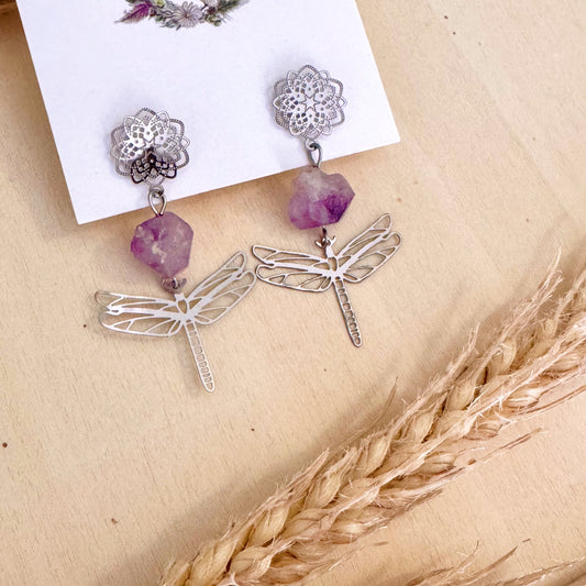 Éphémères - Boucles d’oreilles libellule améthyste