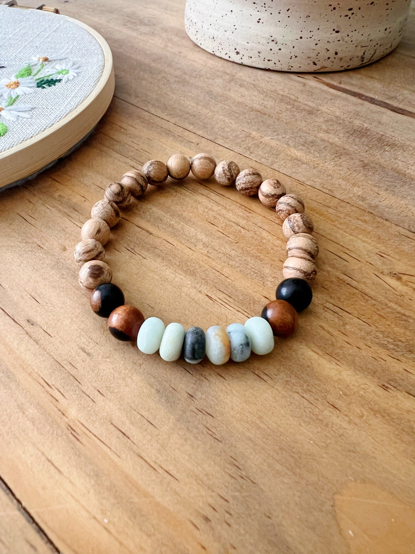 Bracelet rondelles amazonite et bois