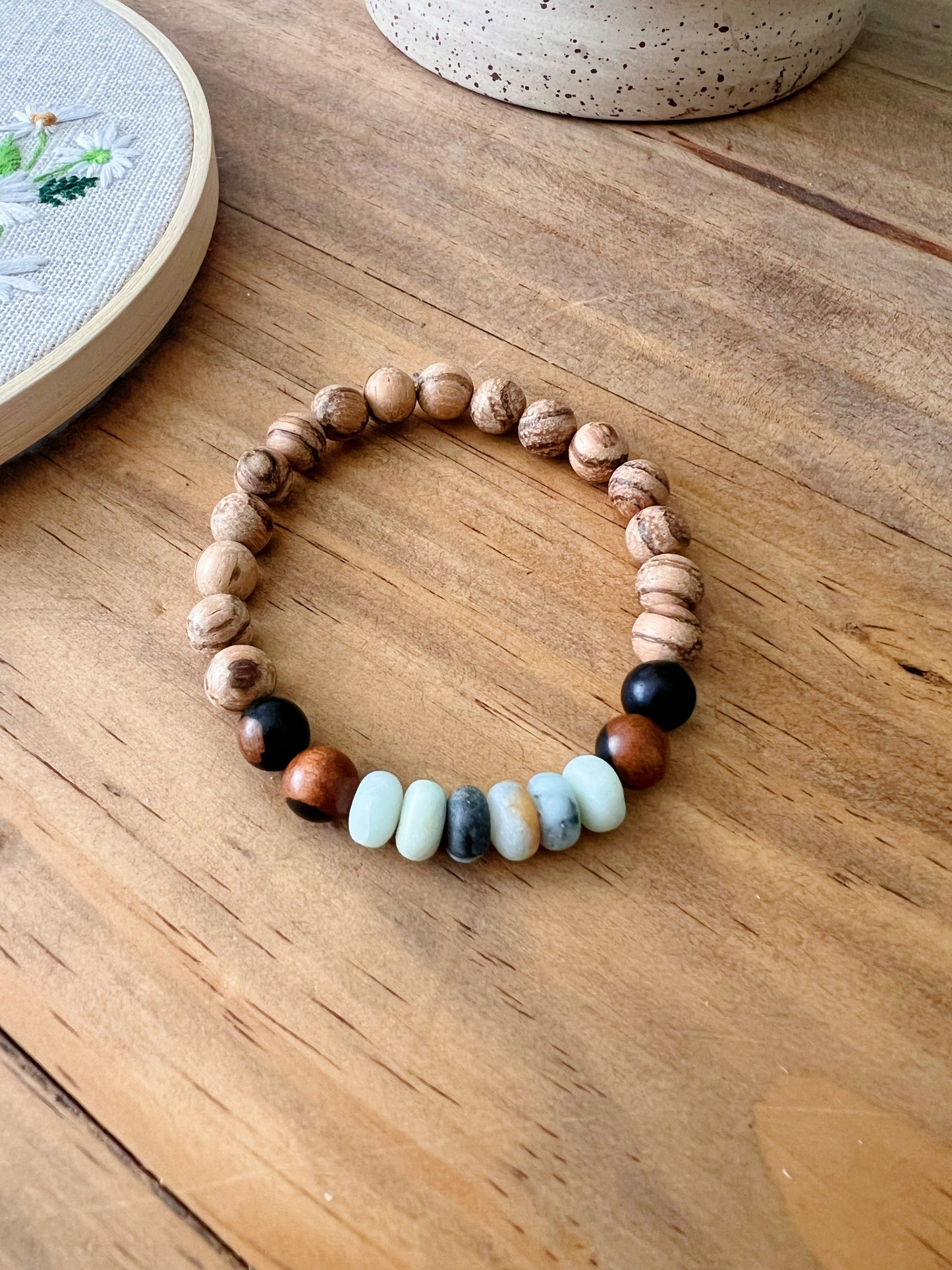 Bracelet rondelles amazonite et bois