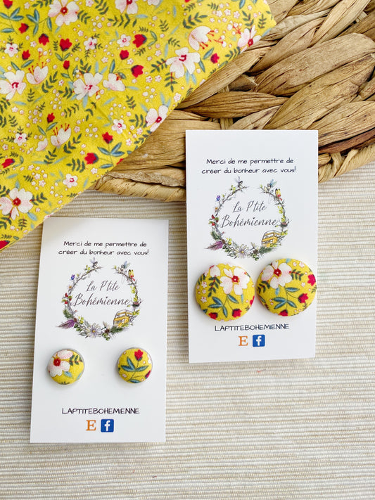 Puces d’oreilles en tissus - Jaune fleuris